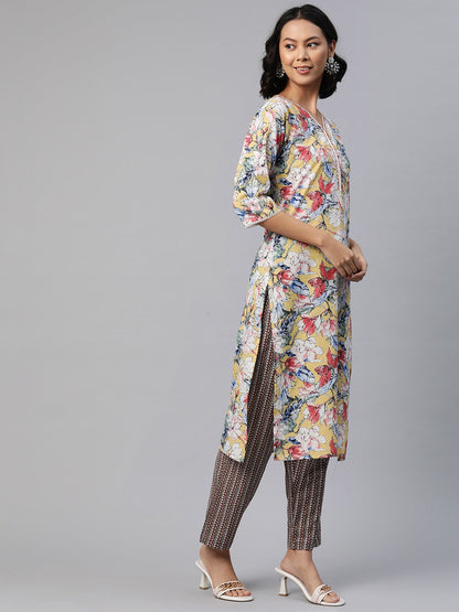 Straight Style Cotton Fabric Yellow Color Floral Printed Kurti With Palazzo And Dupatta