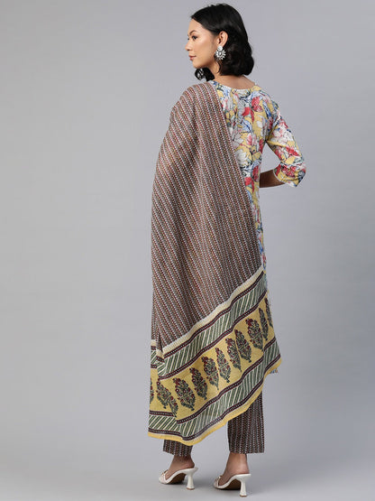 Straight Style Cotton Fabric Yellow Color Floral Printed Kurti With Palazzo And Dupatta