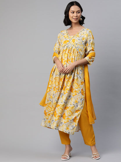 Anarkali Style Rayon Fabric Mustard Color Floral Printed, Mirror Kurti With Salwar And Dupatta