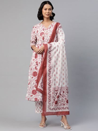 Anarkali Style Cotton Fabric Pink Color Floral Printed Embroidered Kurti With Salwar And Dupatta