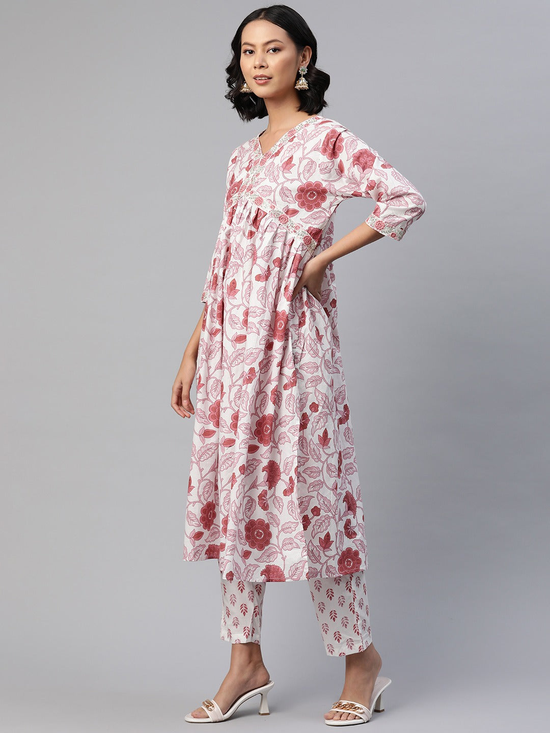 Anarkali Style Cotton Fabric Pink Color Floral Printed Embroidered Kurti With Salwar And Dupatta