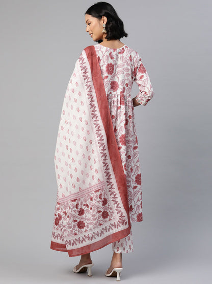 Anarkali Style Cotton Fabric Pink Color Floral Printed Embroidered Kurti With Salwar And Dupatta