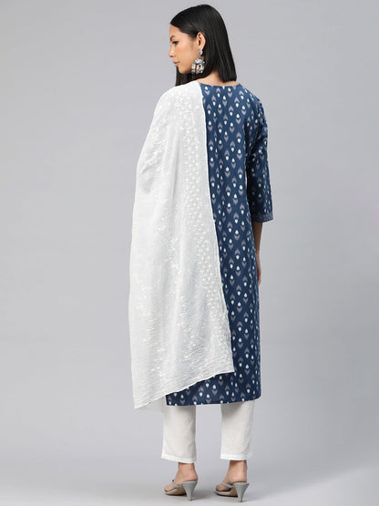 Straight Style Cotton Fabric Teal Color Printed Kurti With Palazzo And Dupatta With Sequence Work