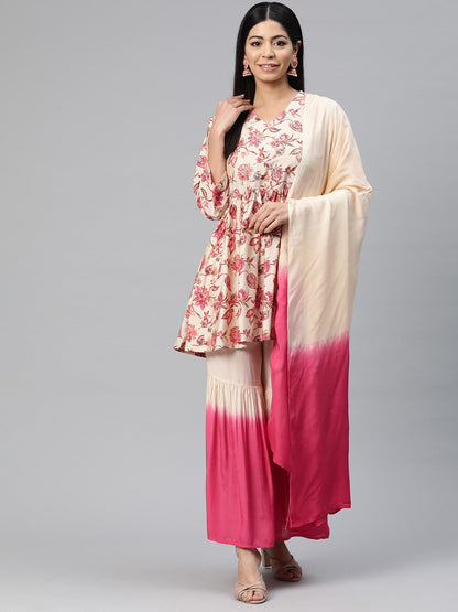 Anarkali Style Silk Fabric Pink Color Floral Printed Kurti With Sharara And Dupatta With Printed Work