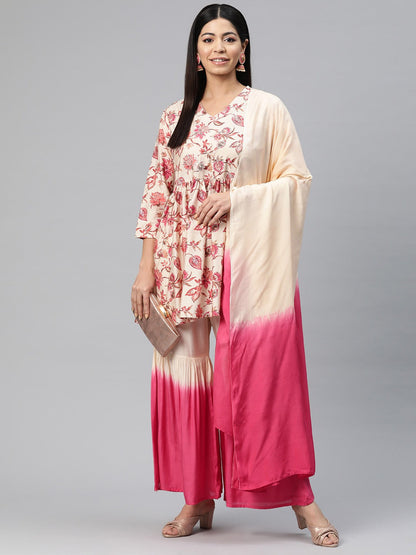 Anarkali Style Silk Fabric Pink Color Floral Printed Kurti With Sharara And Dupatta With Printed Work