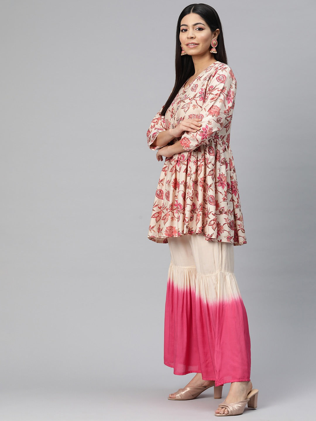 Anarkali Style Silk Fabric Pink Color Floral Printed Kurti With Sharara And Dupatta With Printed Work