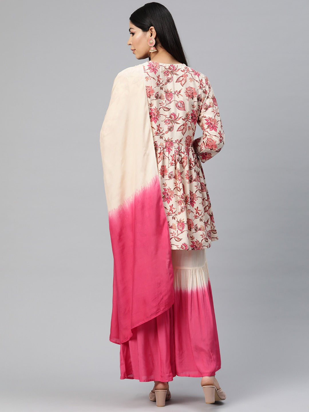 Anarkali Style Silk Fabric Pink Color Floral Printed Kurti With Sharara And Dupatta With Printed Work