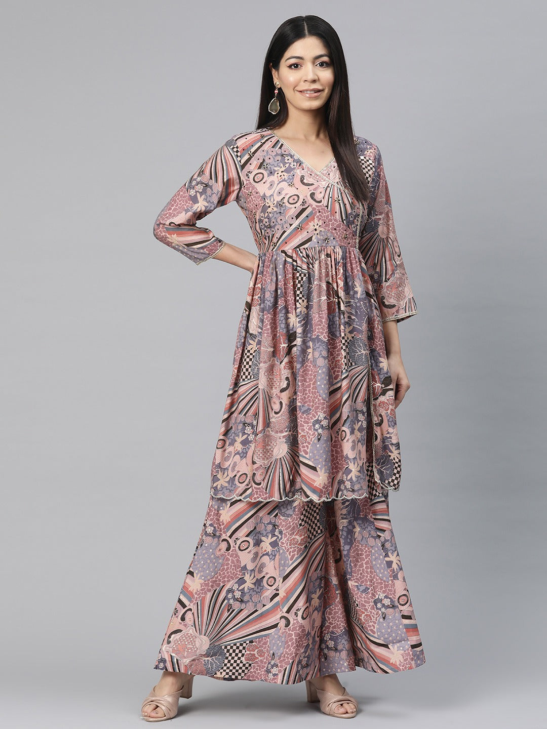 Anarkali Style Silk Fabric Mauve Color Printed Kurti With Palazzo