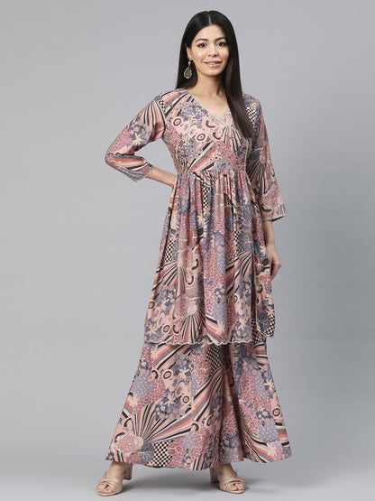 Anarkali Style Silk Fabric Mauve Color Printed Kurti With Palazzo