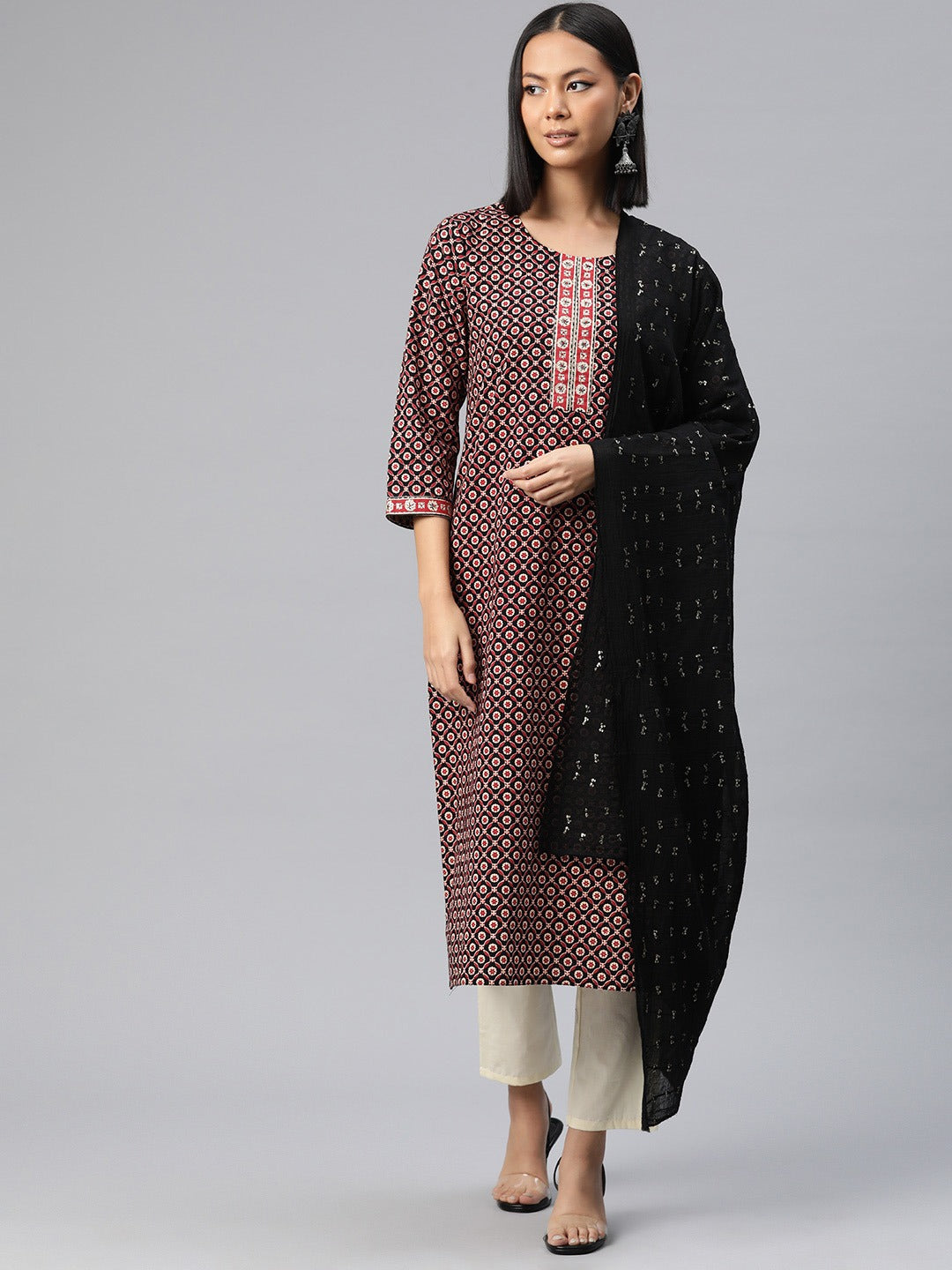 Straight Style Cotton Fabric Red Color Floral Printed Kurti With Palazzo And Dupatta With Sequence Work
