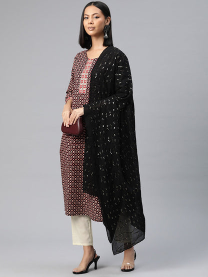 Straight Style Cotton Fabric Red Color Floral Printed Kurti With Palazzo And Dupatta With Sequence Work