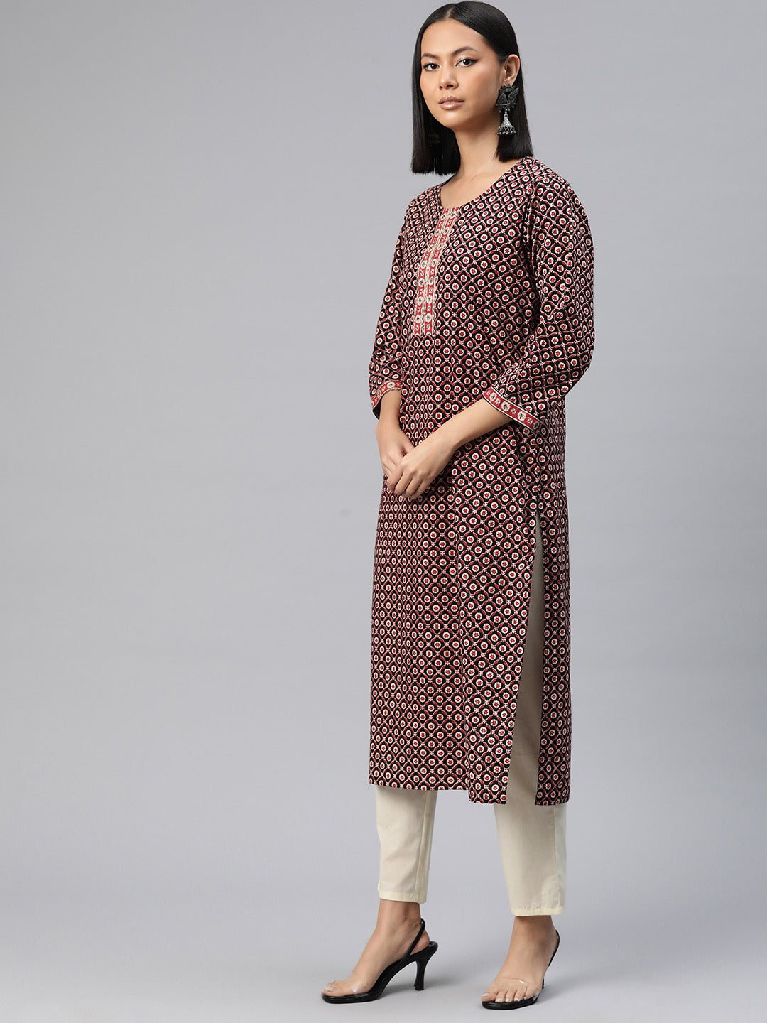 Straight Style Cotton Fabric Red Color Floral Printed Kurti With Palazzo And Dupatta With Sequence Work