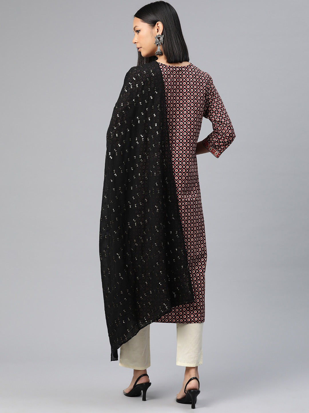 Straight Style Cotton Fabric Red Color Floral Printed Kurti With Palazzo And Dupatta With Sequence Work