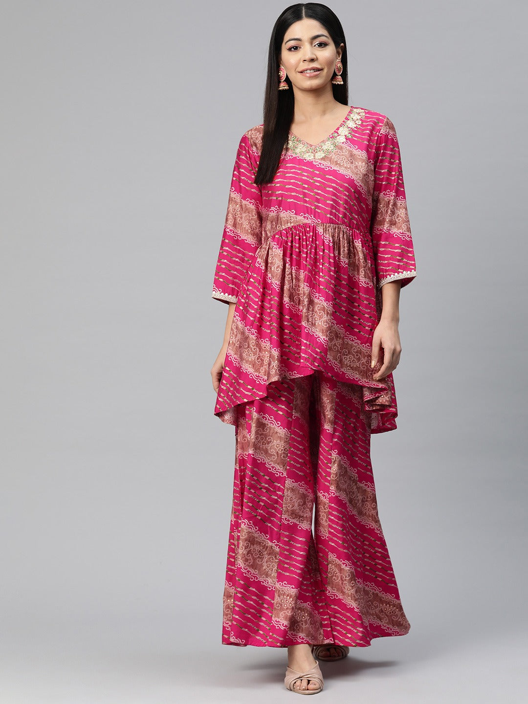 Anarkali Style Silk Fabric Pink Color Bandhej Printed Kurti With Palazzo