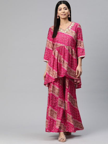 Anarkali Style Silk Fabric Pink Color Bandhej Printed Kurti With Palazzo