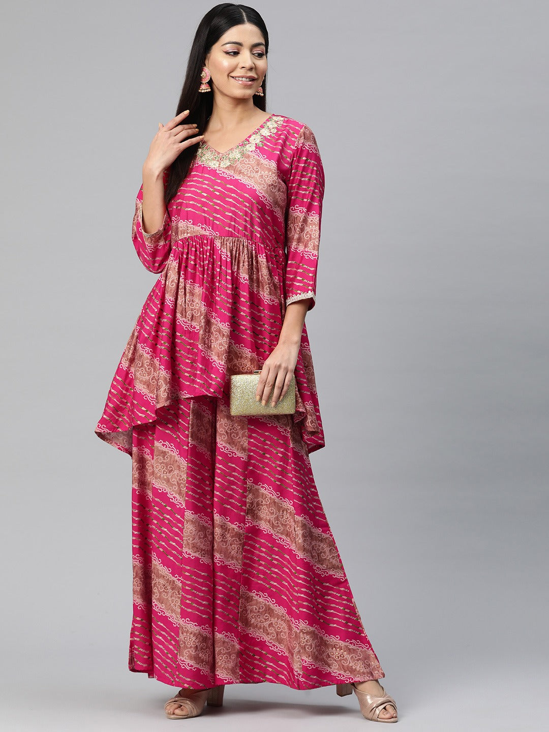 Anarkali Style Silk Fabric Pink Color Bandhej Printed Kurti With Palazzo