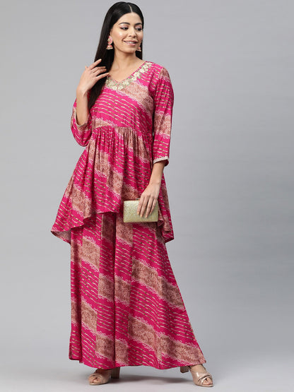 Anarkali Style Silk Fabric Pink Color Bandhej Printed Kurti With Palazzo