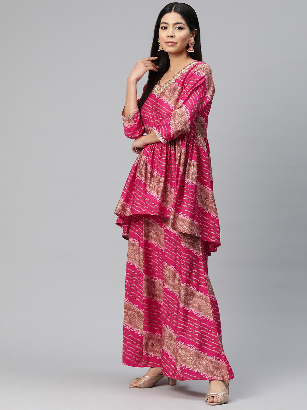 Anarkali Style Silk Fabric Pink Color Bandhej Printed Kurti With Palazzo