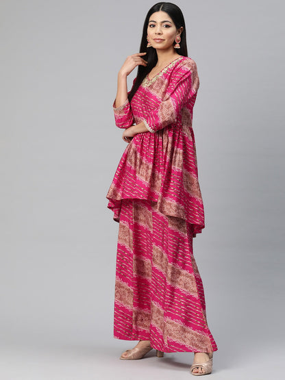 Anarkali Style Silk Fabric Pink Color Bandhej Printed Kurti With Palazzo