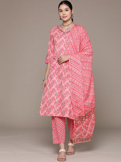 Straight Style Cotton Fabric Pink Color Floral Printed Zari Work Kurti With Palazzo And Dupatta