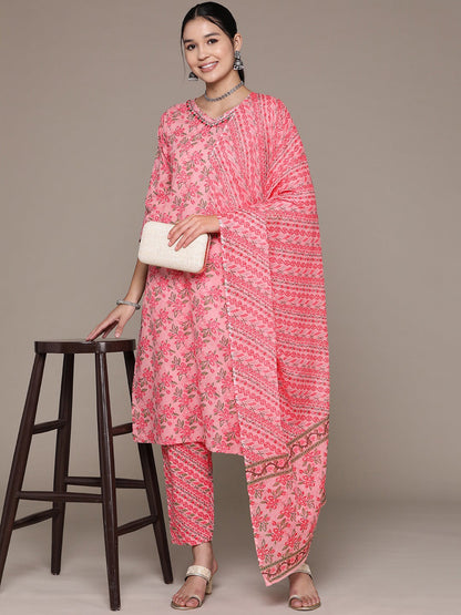 Straight Style Cotton Fabric Pink Color Floral Printed Zari Work Kurti With Palazzo And Dupatta