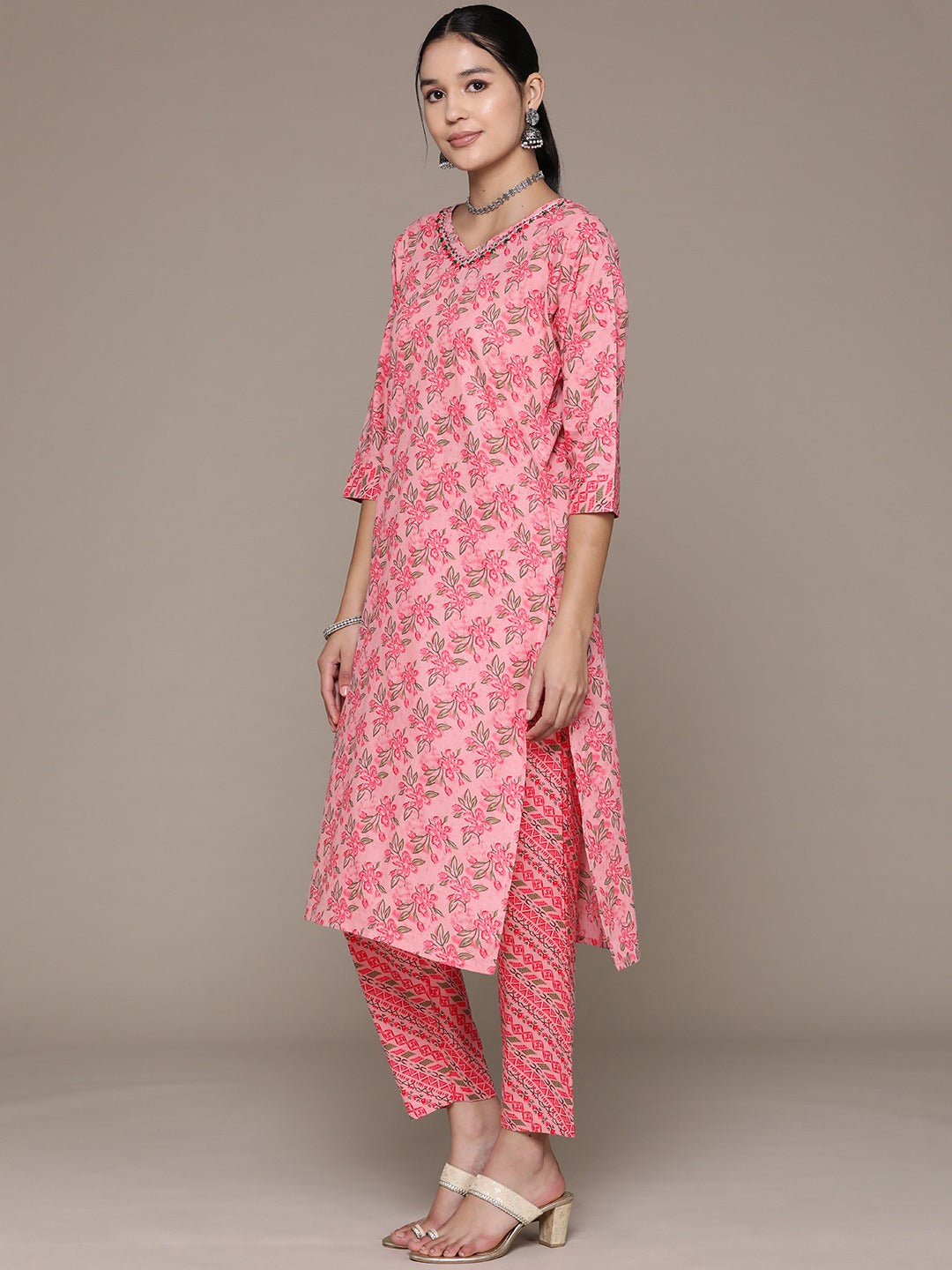Straight Style Cotton Fabric Pink Color Floral Printed Zari Work Kurti With Palazzo And Dupatta