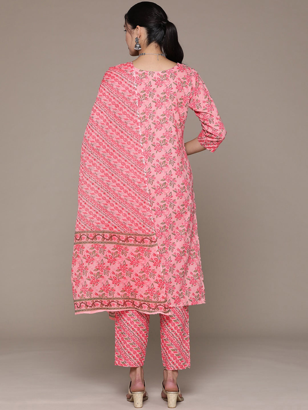 Straight Style Cotton Fabric Pink Color Floral Printed Zari Work Kurti With Palazzo And Dupatta