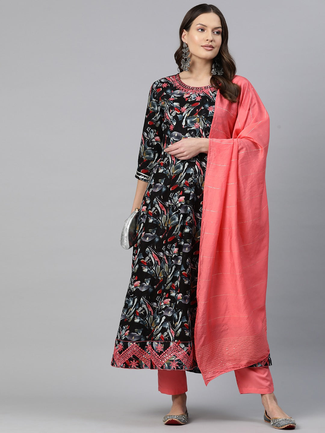 Anarkali Style Rayon Fabric Pink Color Embroidered & Printed Kurti With Palazzo And Dupatta