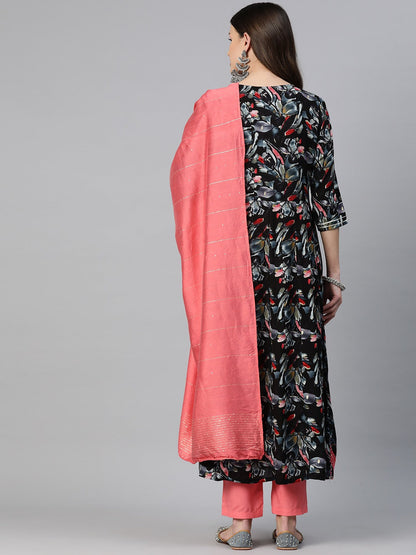 Anarkali Style Rayon Fabric Pink Color Embroidered & Printed Kurti With Palazzo And Dupatta
