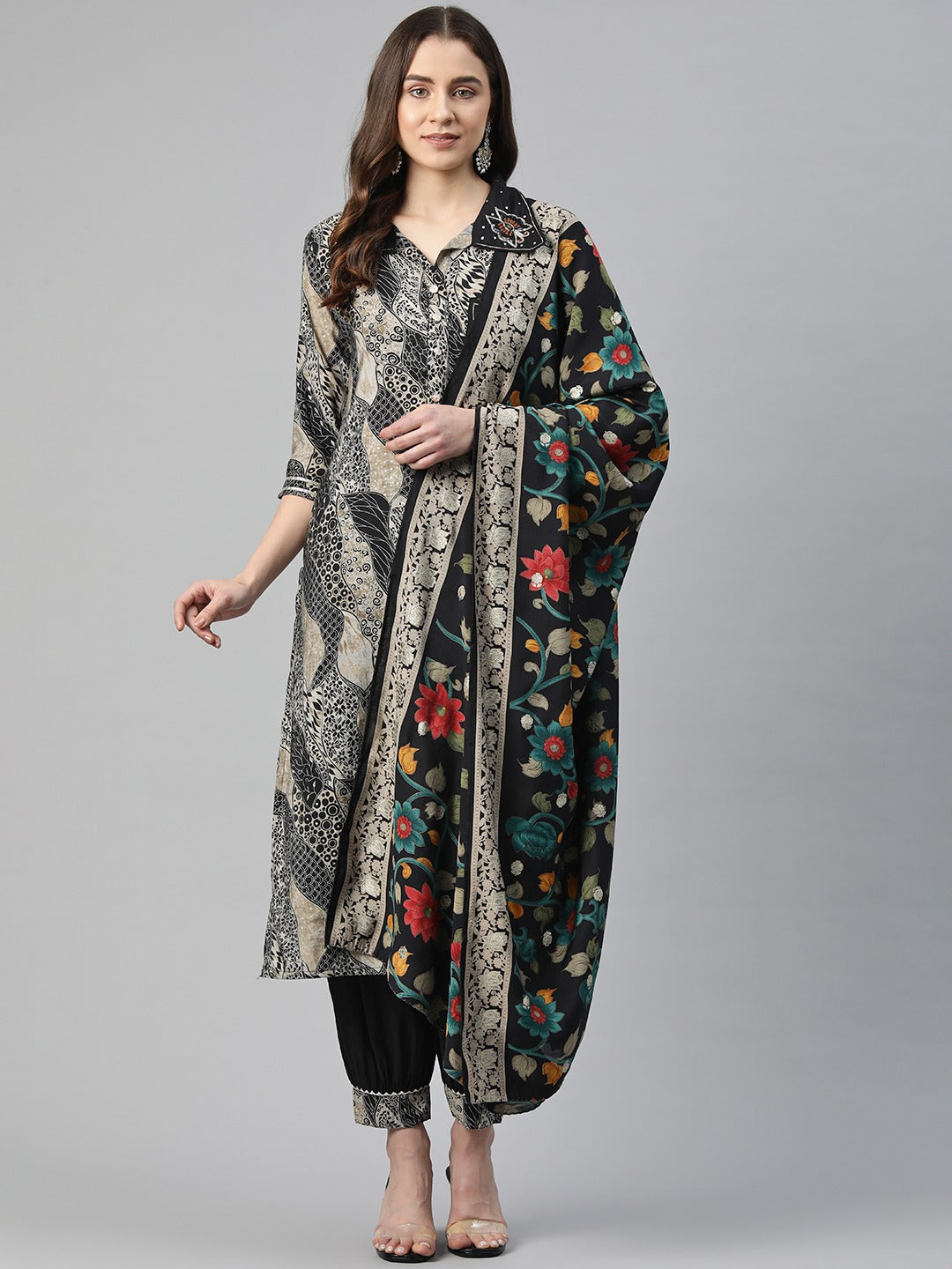 Straight Style Chanderi Silk Fabric Black Color Cut Dana & Printed Kurti With Patiala And Dupatta