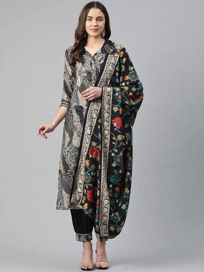 Straight Style Chanderi Silk Fabric Black Color Cut Dana & Printed Kurti With Patiala And Dupatta