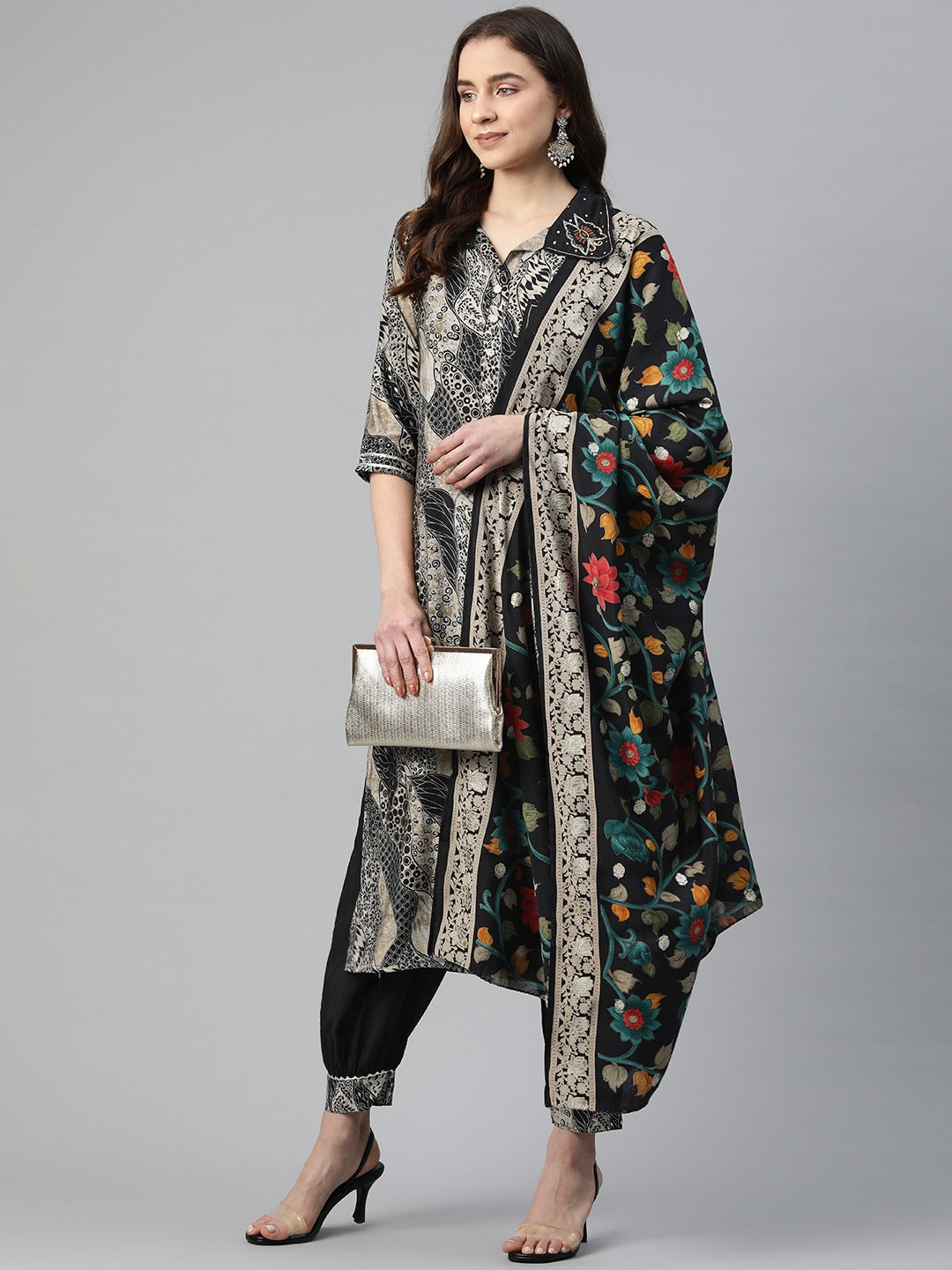 Straight Style Chanderi Silk Fabric Black Color Cut Dana & Printed Kurti With Patiala And Dupatta