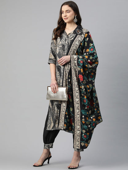 Straight Style Chanderi Silk Fabric Black Color Cut Dana & Printed Kurti With Patiala And Dupatta