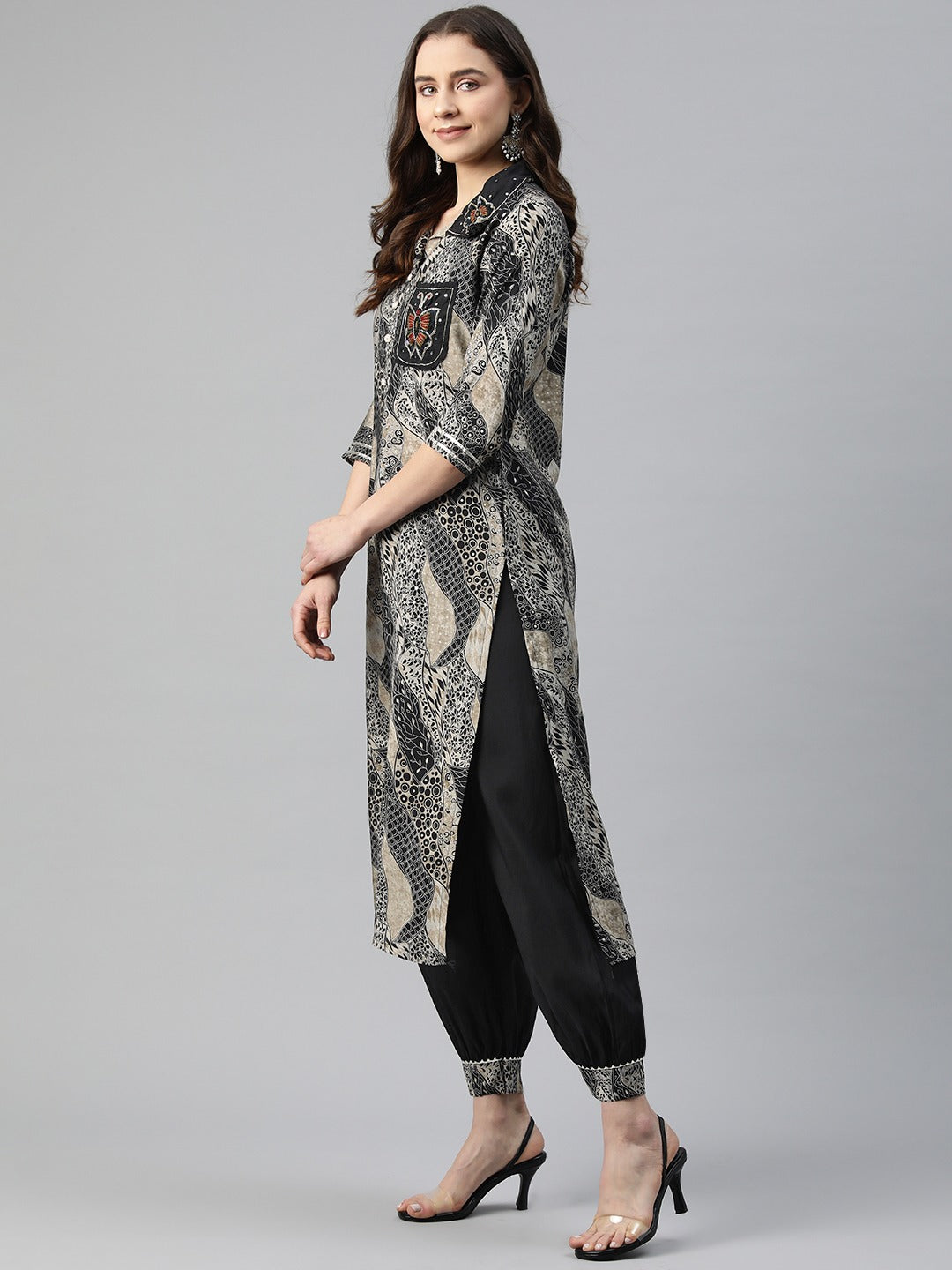 Straight Style Chanderi Silk Fabric Black Color Cut Dana & Printed Kurti With Patiala And Dupatta