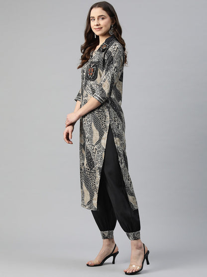 Straight Style Chanderi Silk Fabric Black Color Cut Dana & Printed Kurti With Patiala And Dupatta