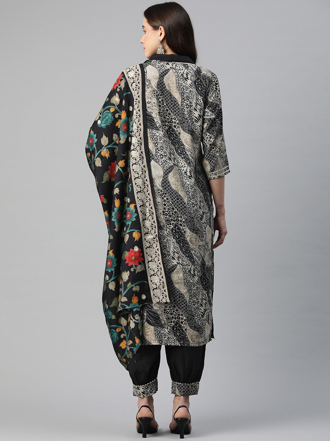Straight Style Chanderi Silk Fabric Black Color Cut Dana & Printed Kurti With Patiala And Dupatta