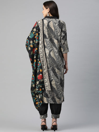 Straight Style Chanderi Silk Fabric Black Color Cut Dana & Printed Kurti With Patiala And Dupatta