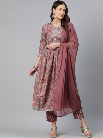 A-Line Style Chanderi Silk Fabric Mauve Color Embroidered & Floral Printed Kurti With Palazzo And Dupatta