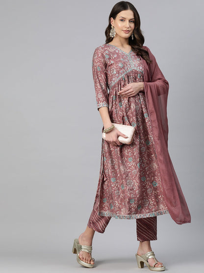 A-Line Style Chanderi Silk Fabric Mauve Color Embroidered & Floral Printed Kurti With Palazzo And Dupatta