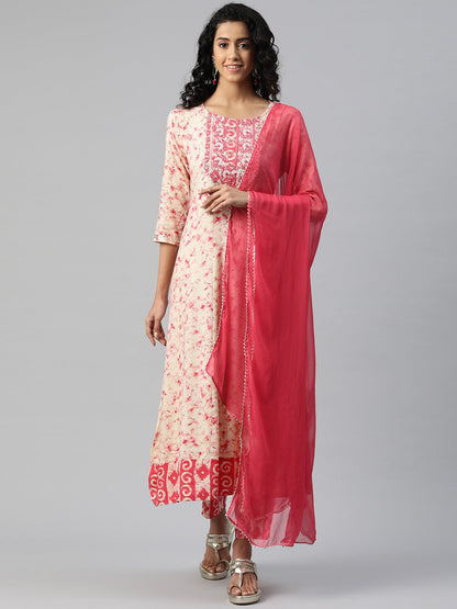 Anarkali Style Rayon Fabric Pink Color Embroidered & Printed Kurti With Palazzo And Dupatta