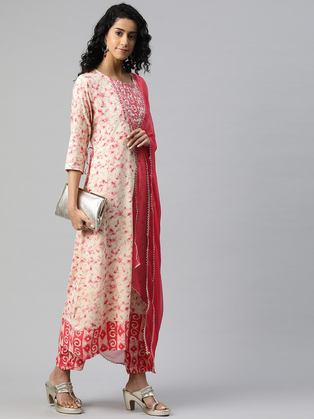 Anarkali Style Rayon Fabric Pink Color Embroidered & Printed Kurti With Palazzo And Dupatta