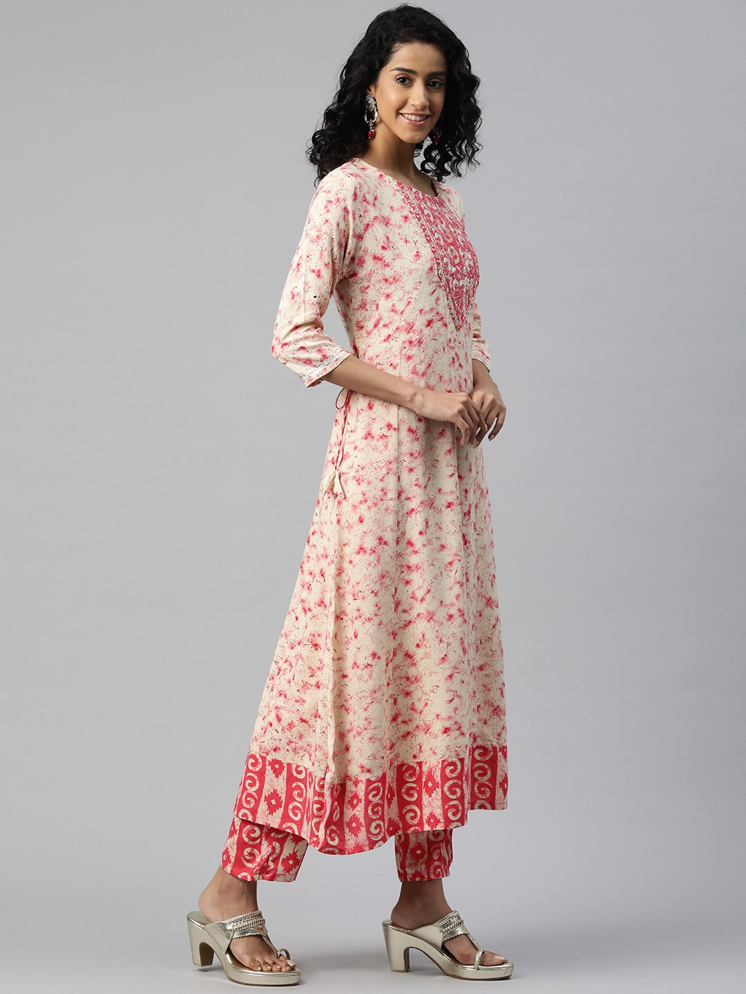 Anarkali Style Rayon Fabric Pink Color Embroidered & Printed Kurti With Palazzo And Dupatta