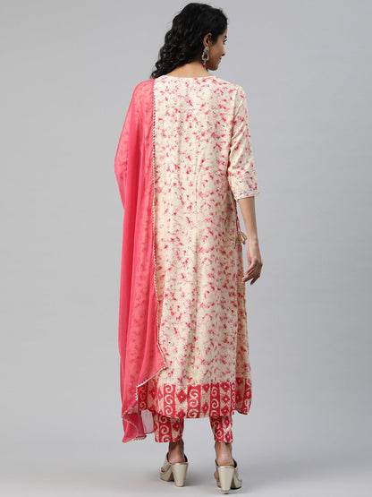 Anarkali Style Rayon Fabric Pink Color Embroidered & Printed Kurti With Palazzo And Dupatta