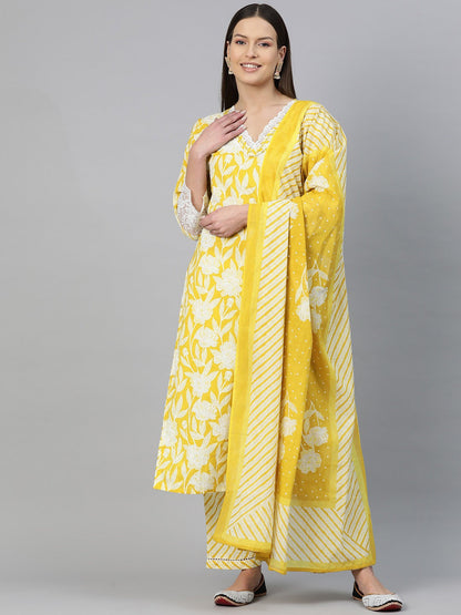 Straight Style Cotton Fabric Mustard Color Floral Printed Kurti With Palazzo And Dupatta