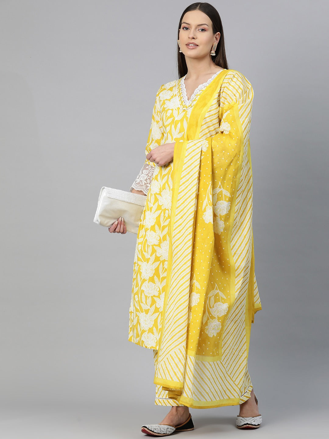 Straight Style Cotton Fabric Mustard Color Floral Printed Kurti With Palazzo And Dupatta