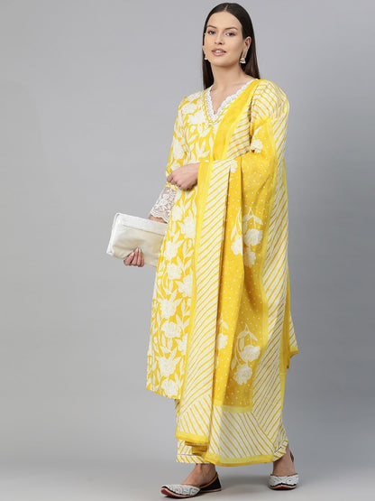 Straight Style Cotton Fabric Mustard Color Floral Printed Kurti With Palazzo And Dupatta