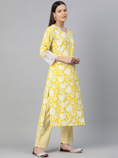 Straight Style Cotton Fabric Mustard Color Floral Printed Kurti With Palazzo And Dupatta