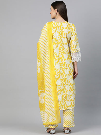 Straight Style Cotton Fabric Mustard Color Floral Printed Kurti With Palazzo And Dupatta