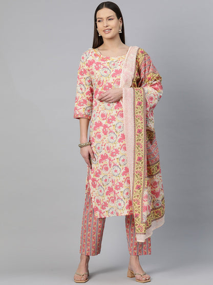 Straight Style Cotton Fabric Pink Color Floral Printed Kurti With Salwar And Dupatta