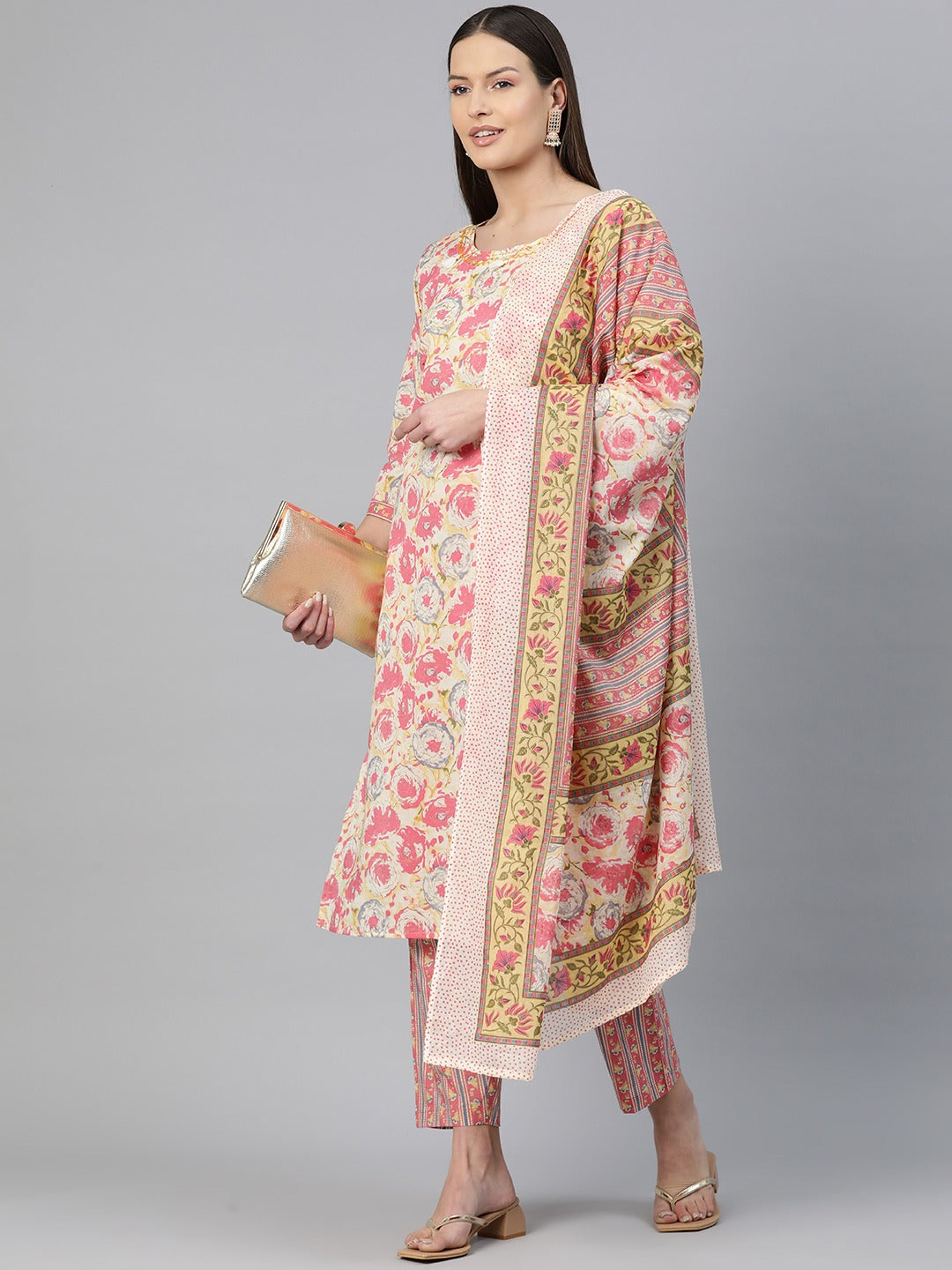 Straight Style Cotton Fabric Pink Color Floral Printed Kurti With Salwar And Dupatta